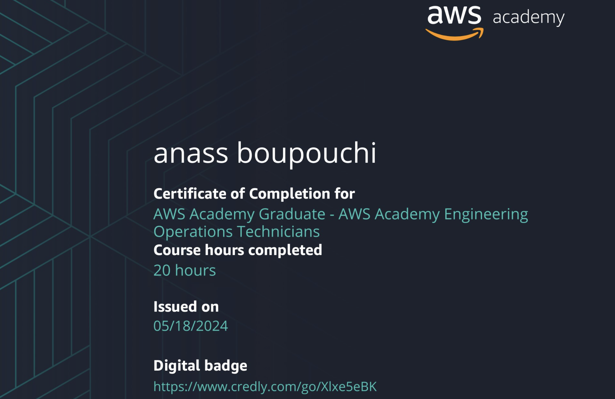 AWS Academy Engineering Operations Technicians certification badge