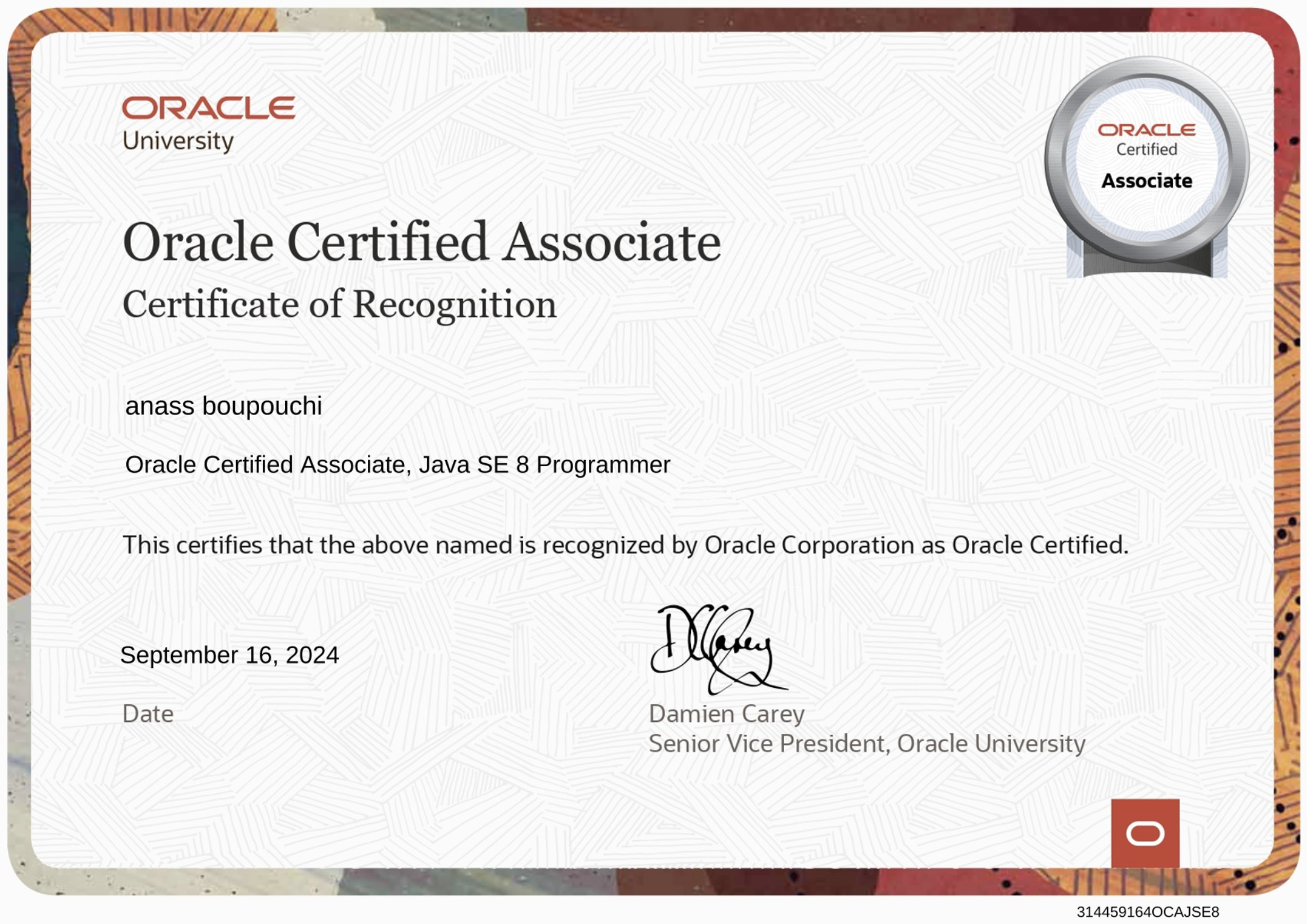 Oracle Certified Associate, Java SE 8 Programmer I (1Z0-808) certification badge