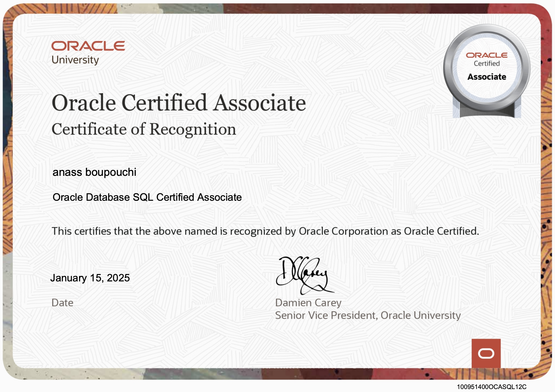 Oracle Database SQL Certified Associate (1Z0-071) certification badge
